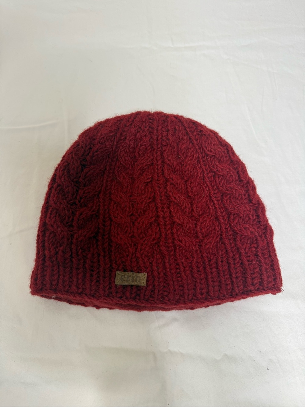 Erin Knitwear Ireland Red 100% Wool Cable Knit Beanie Hat Lined